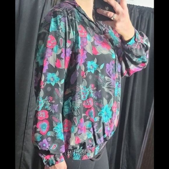 Vintage 80s 90s Black Pink Floral Shirt - Picture 3 of 14